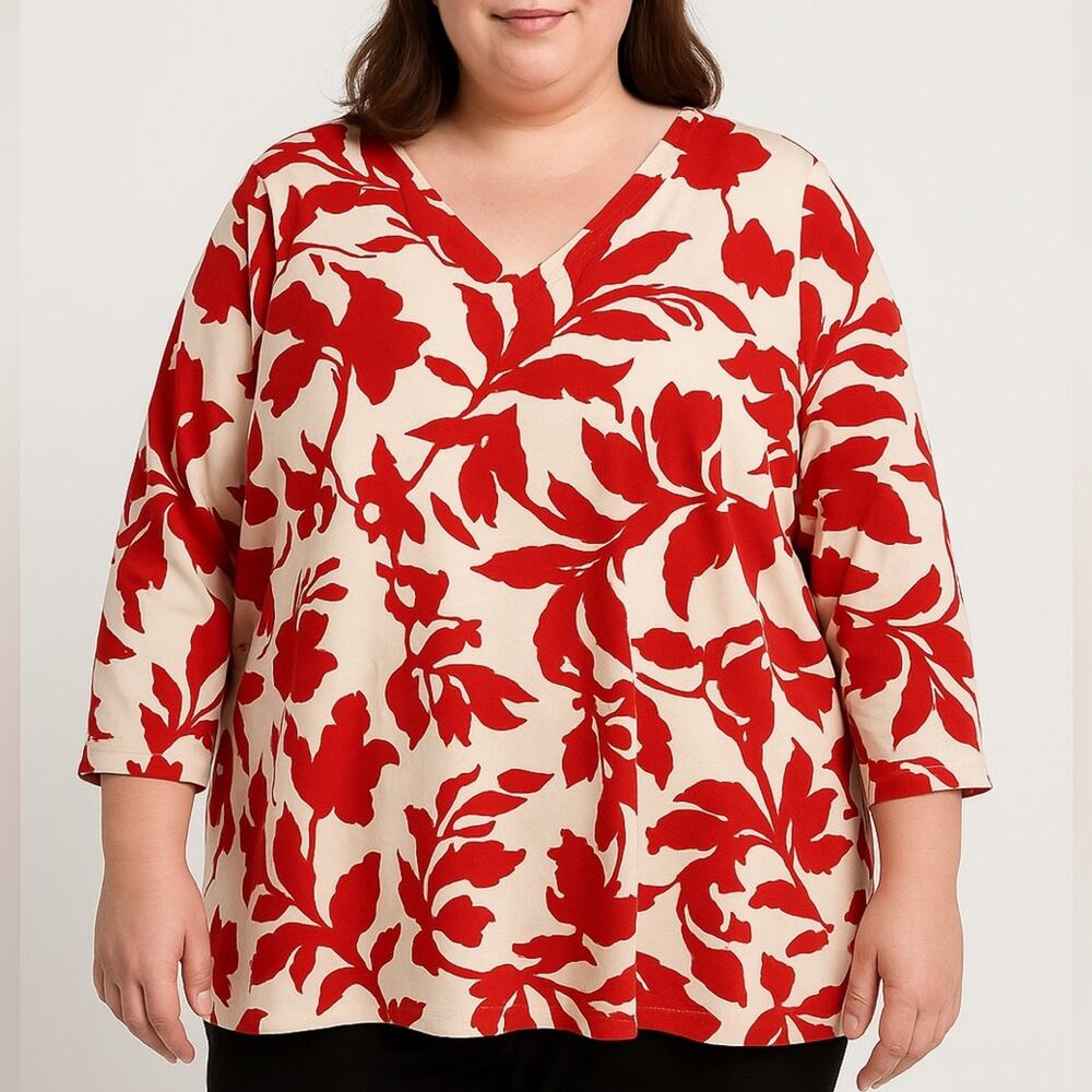 Chico’s Pima Cotton Floral Tunic Top | Red & Cream | Size 4 XXL | Resort Boho